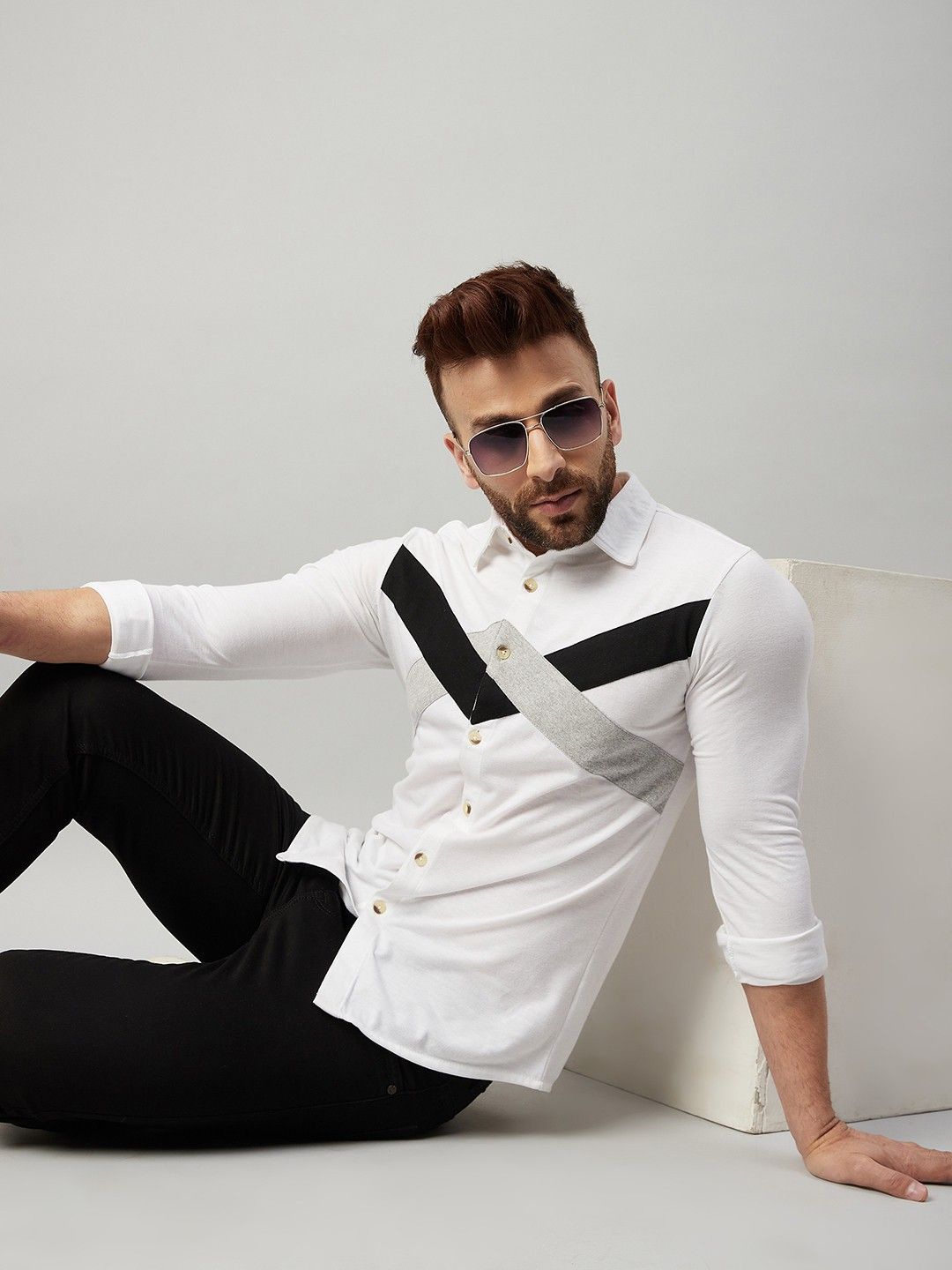 Gritstones Men White Full Sleeve Color Block Cotton Shirt