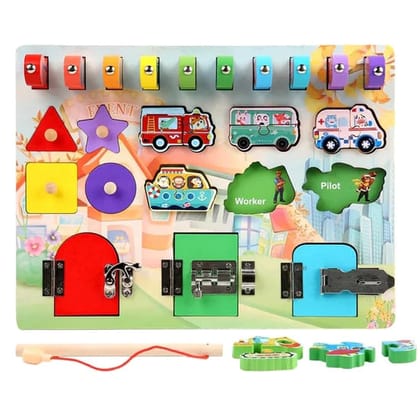 Busy Board For Toddlers, Wooden Sensory Toy, Magnetic Fishing Game, Multi Functional Learning Toy - Multicolor