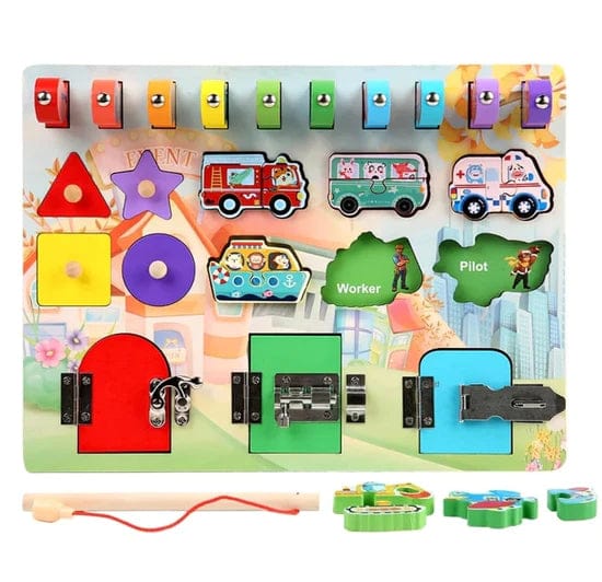 Busy Board For Toddlers, Wooden Sensory Toy, Magnetic Fishing Game, Multi Functional Learning Toy - Multicolor