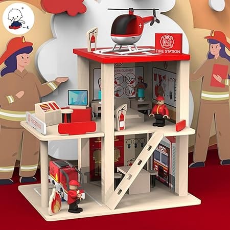 Fire Station Playset, Wooden Dollhouse Kid’s Toy, Wooden Fire Station Play Role for Kids Boys Girls
