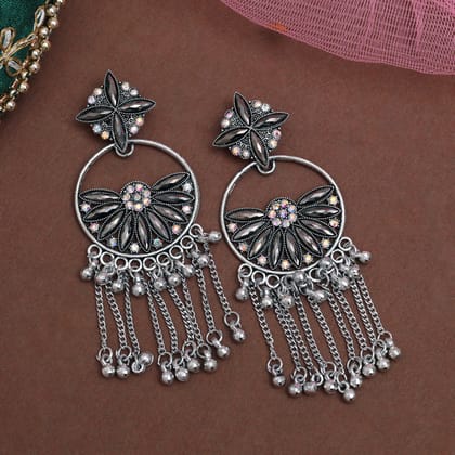 Silver Color Oxidised Earrings (GSE3058SLV)-Length: 9.50 CM x Width: 3.50 CM / Silver / Alloy With Good Quality Silver Plated