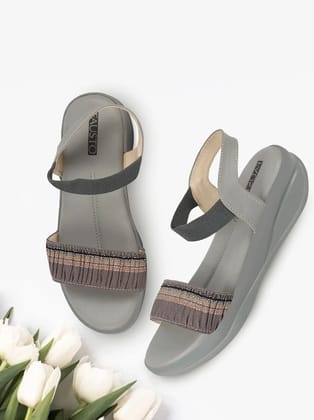 Women Grey Open Toe Multi Color Strap Platform Woven Design Slip On Sandals-3