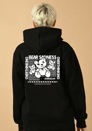 Bear Sadness Printed Balck Hoodie By Offmint-S