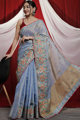 Prettiest Sky Embroidery Work Tussar Silk Saree With Classic Blouse Piece