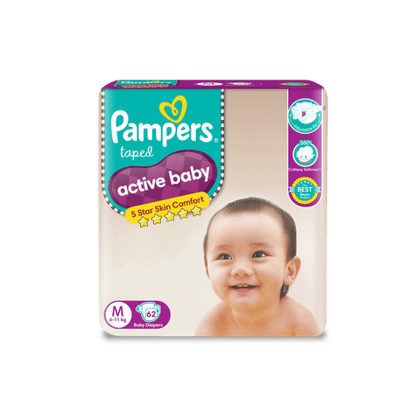 Pampers Active Baby Taped Diapers, 62 Units Pack