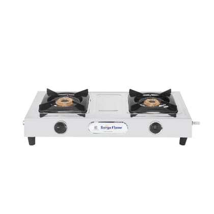 Surya Flame Venus Gas Stove, 2 Burners, Stainless Steel, Manual LPG, 69% Thermal Efficiency, Anti-Skid Legs, 2-Year Doorstep Warranty.-Surya Flame Venus Gas Stove, 2 Burners, Stainless Steel, Man