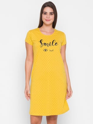 Women Mustard & Black Polka Dots Printed Pure Cotton T-Shirt Night Dress