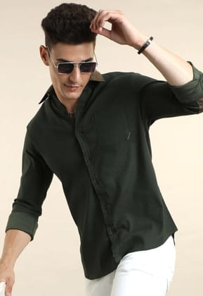 Green Cotton Self Stripe Corduroy With Leather Constrast Shirt-XXL