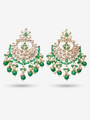 Kundan & Pearl Drop Earrings with Textured Detailing for Women by Shreekama-Green