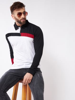 Gritstones Men White Color Full Sleeve Color Block Cotton T-Shirt