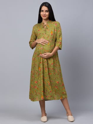 Olive Green Floral Maternity A-Line Midi Dress
