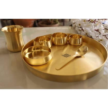 Indian Art Villa Brass 7 Pieces Dinner Set in Matt Finish, Set of 1 Thali, 1 Glass, 1 Spoon, 1 Halva Bowl, 2 Medium Bowl and 1 chutney bowl-1