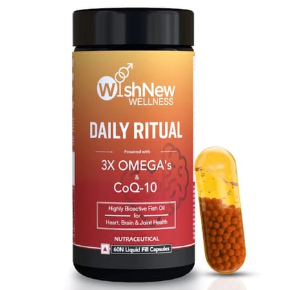 WishNew Wellness DAILY RITUAL with Triple Strength Fish Oil & CoQ-10 | Enhanced Heart & Brain Health | 60 Liquid Capsules with CoQ10 Pellets | High Potency Omega-3, EPA, DHA for Wellbeing