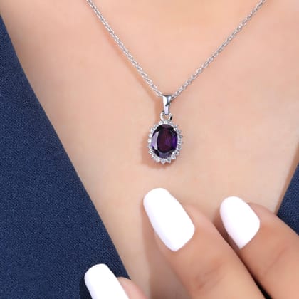 Callista Amethyst Silver Pendant with chain For Women-White Gold / 16 inches