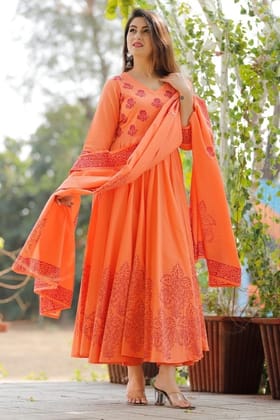 Hand Block Printed Anarkali Set Orange XS