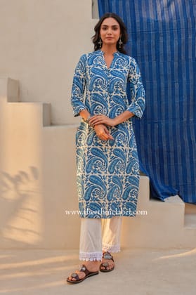 "Neel" Indigo Hand Block Printed Cotton Kurta-M