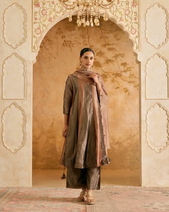 Black Bronze Crush Tissue Anarkali with Narrow Pants and Dupatta - Set of 3-XXS / XXS