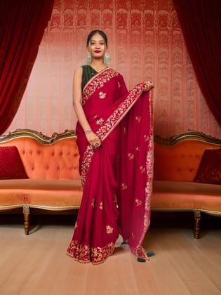 Designer Saree with Heavy embroidery Work by Shreekama-Maroon / Free Size