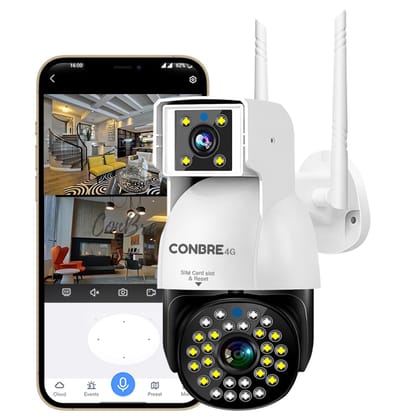 Conbre Double 4G 3+3MP Dual Lens Full HD SIM Based Outdoor Wireless CCTV Camera | Colored Night Vision | Support Upto 128gb sd-Horizontal & PTZ