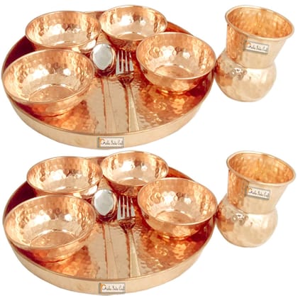 Prisha India Craft Traditional Dinner Set of 2 Dinnerware 100% Pure Copper Thali Set Diameter  Dinner Plates  2 Spoons  2Forks  2 Tumblers  8 Serving Bowls