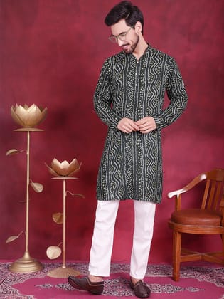 Men's Bandhani Printed Kurta with Pyjama-M / Green