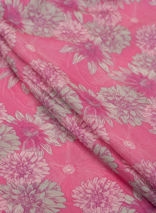 Pure Muslin Flamingo Pink Color Floral Digital Print Fabric.