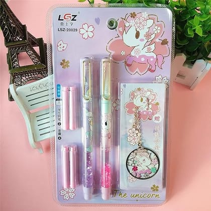 Spot  Hunt Cute Unicorn Glittery Fountain Pen Set With Book Mark For Girls Stationery Writing Set For Kids (2 Pens, 4 Refills and 1 Bookmark)- Multi Color