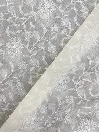 Luxurious Exclusive Ethnic Floral White Thread Embroidery On White Dyeable Chanderi Silk Fabric-Meters