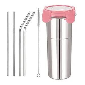 KATHIYAWADI Stainless Steel Fusion Glass Tumbler with Stainless Steel Drinking Straws and Cleaning Brush Stainless Steel Lid (Multicolor) (600ML)