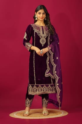 Captivating Velvet Embroidery Work Wine Color Salwar Suit-M