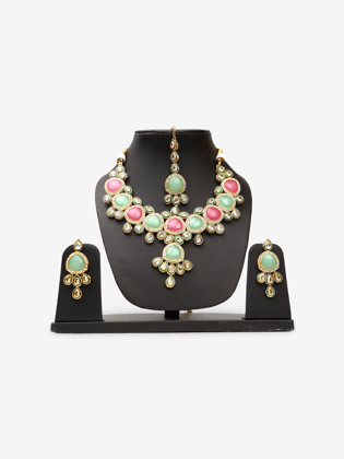 Mint Green and Pink Kundan Polki Necklace with Earrings and Mang Tikka