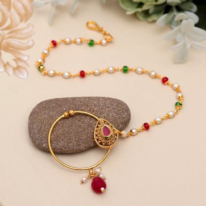 Maroon & Green Color Nose Nath (NTH350MG)-Length: 21.00 CM x Width: 0.30 CM / Maroon / Alloy With Good Quality Gold Plated