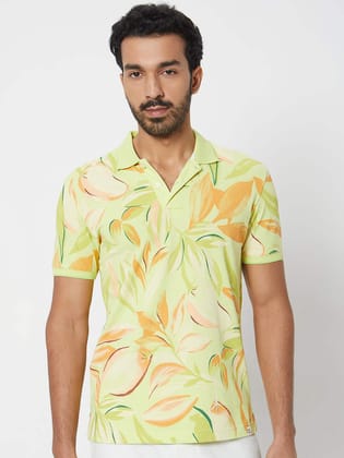 Yellow Leaf Print Slim Fit Henley T-Shirt T-Shirt