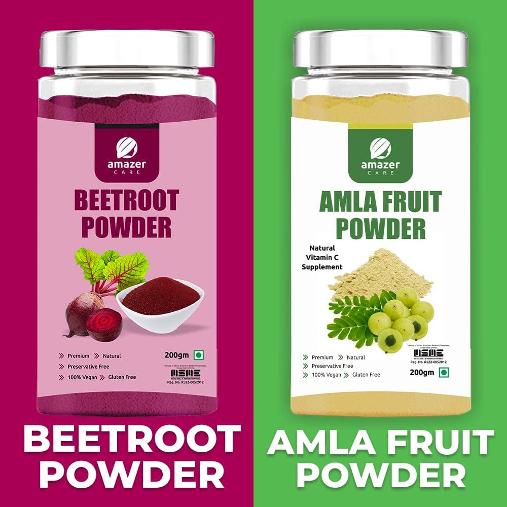AmazerCare Amla & Beetroot Powder Combo (Dehydrated, 200gm Jar each) - Super Detox & Immune Booster Combo, Pure & Natural For Eating & Drink, For Healthy Liver, Full of Nutrients-400gm Combo
