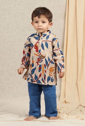 Set Of 2: Aaron Beige Cream Kalamkari Printed Cotton Kurta & Blue Pyjama-0-3M