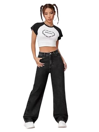 Glossia Fashion High Waist Boyfriend Women Jeans Cotton Lycra Stretchable Wide Leg Denim -  Black, 26