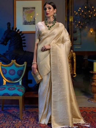 Wedding Special Golden White Banarasi Soft Weaving Silk Saree | Beautiful Rich Pallu | Blouse For Women Designer | Sari | Saree India  by Rang Bharat