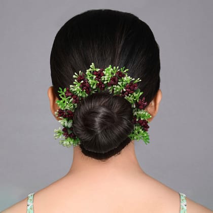 Maroon Color Flower Gajra For Women Hair Pin (HRP221MRN)-Length: 22.00 CM x Width: 4.00 CM / Gold / Alloy