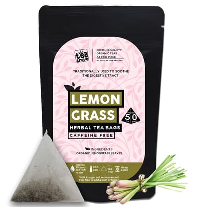 TheTeaTrove Organic Lemon Grass Tea Bags - 50 Pyramid Dried Lemongrass Tea Bags Organic in Resealable pouch - Caffeine Free Lemon grass tea leaves - Pack of1