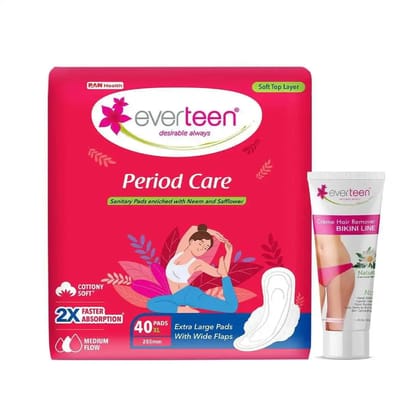 everteen Period Care XL Soft 40 Pads and Natural Bikini Line Hair Remover Cream 50g-everteen Period Care XL Soft 40 Pads and Natural Bikini Line Hair Remover Cream 50g