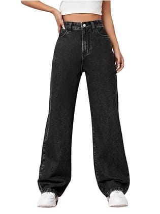 Glossia Fashion High Waist Straight Fit Jeans for Women Cotton Lycra Stretchable Wide Leg Denim -  Black, 26