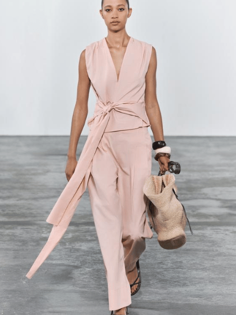 Tied Waist V Neck Sleevless Top And Wide Leg Pant Coord Set-Pink / M