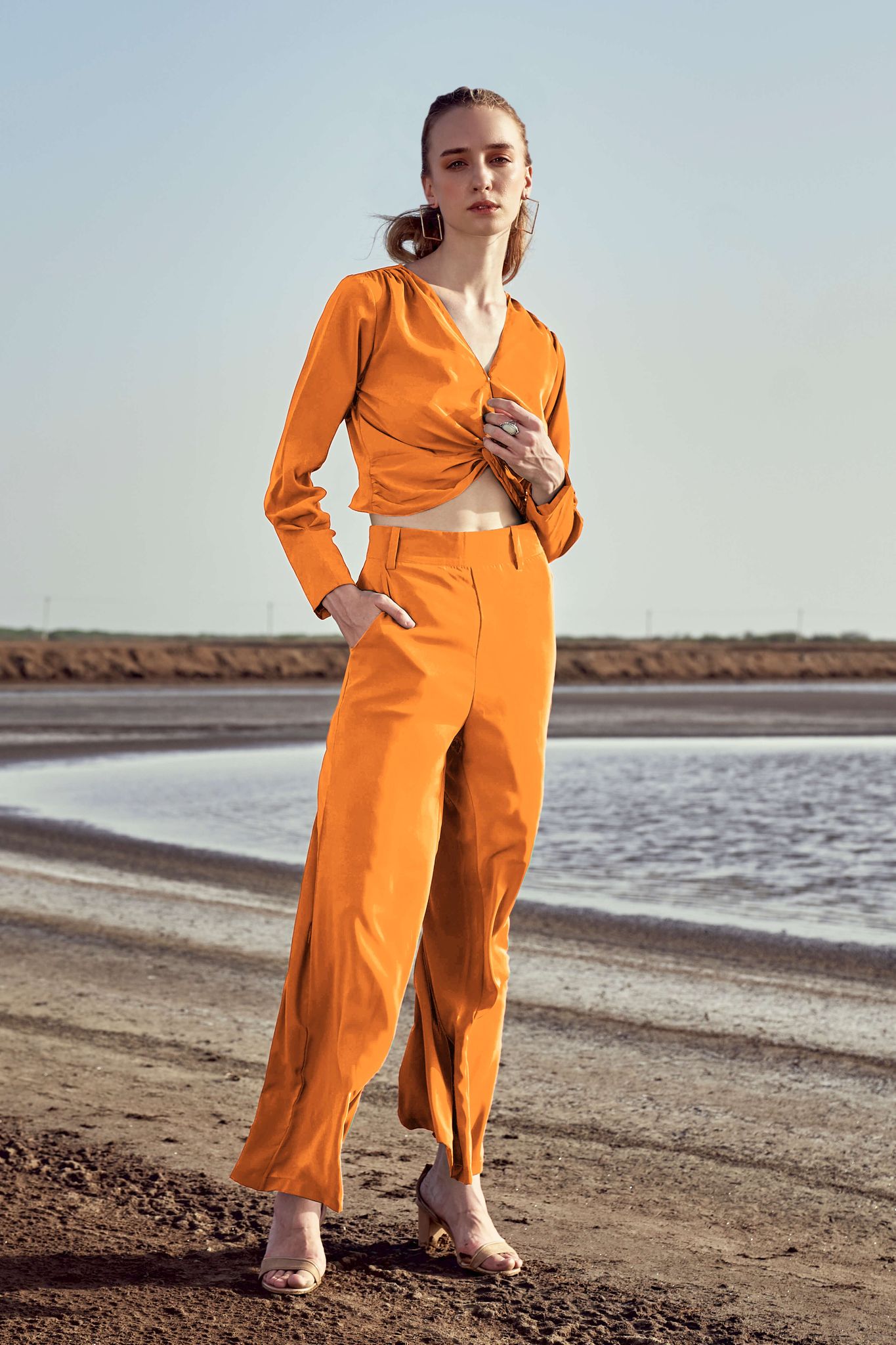Orange Twisted Knot Co-ord Set-XXS / Apricot Orange / TP0019-PLMC009-0.9-NILL-NILL-EL0001-36 INCH-NILL-NILL-NILL-BT009/BT0019-8/1 / BT0005-PLMC009-1.3-NILL-NILL-NILL-NILL-NILL-FS001-NILL-NILL-NILL /