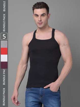 Men's Assorted Pack of 5 Solid Combed Cotton Racerback Styled Gym Vest