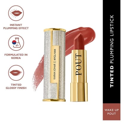 MyGlamm POUT by Karan Johar - Wake Up Pout (Coral Brown Shade) | Buildable Tinted Plumping Bullet Lipstick With Glossy Finish (3.5g)