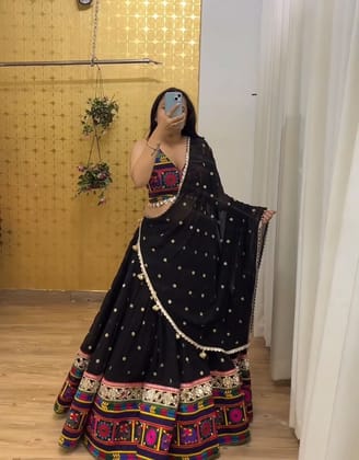 Traditional Wear Black Color Georgette Heavy Gamthi Work Navratri Lehenga Choli-M