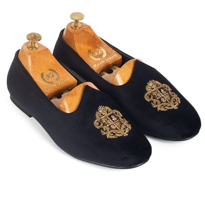 Royal Crest©️ Velvet Juttis (Black)(Patent Copyright Artwork)-EU 41 / UK 7 / Black