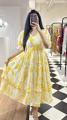 Women cotton frock style dress-Yellow / L