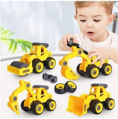 Spot Hunt Toy Vehicles Set of 4 DIY Take Apart Toys Construction Trucks with 1 Screwdriver Tools, Kids Building Cars , Bulldozer, Road Roller, Drill Truck (Yellow)