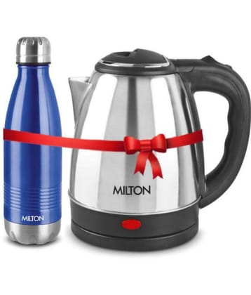 Milton Combo Set Go Electro Stainless Steel Kettle, 1.2 Litres, Silver and Duo Dlx 750 Thermosteel Hot and Cold Bottle, 700 ml, Blue | Office | Home | Kitchen | Travel Water Bottle